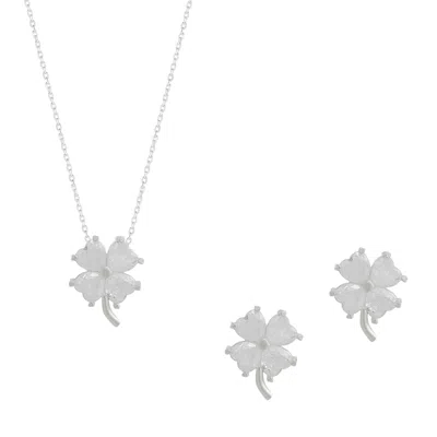 Spero London Women's Silver / White Four Leaf Clover Sterling Silver Necklace & Earring Set - White - Silver In Gold