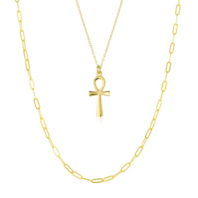 Spero London Women's Sterling Silver Egyptian Ankh & Large Rectangular Chain Necklace - Gold