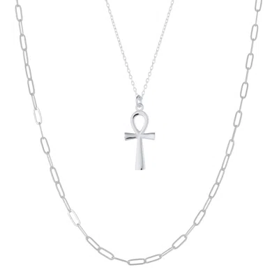 Spero London Women's Sterling Silver Egyptian Ankh & Large Rectangular Chain Necklace - Silver