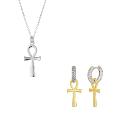 Spero London Women's Sterling Silver Egyptian Ankh Necklace & Earring Set - Silver
