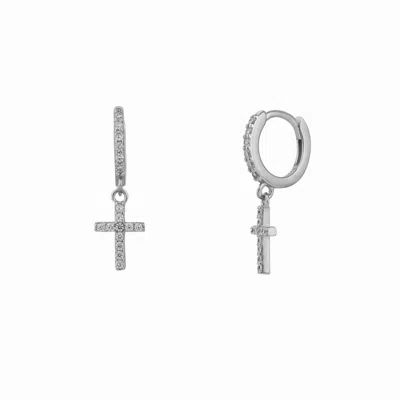 Spero London Women's Sterling Silver Huggie Pave Cross Drop Earring - Silver` In Metallic