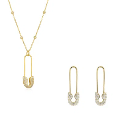 Spero London Women's Sterling Silver Jewelled Safety Pin Necklace With Beaded Chain & Earring Set - Gold