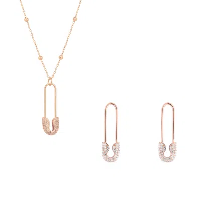Spero London Women's Sterling Silver Jewelled Safety Pin Necklace With Beaded Chain & Earring Set - Rose Gold