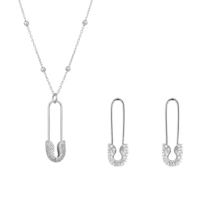 Spero London Women's Sterling Silver Jewelled Safety Pin Necklace With Beaded Chain & Earring Set - Silver In Metallic