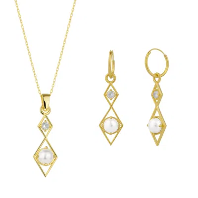 Spero London Women's Sterling Silver Rhombus 3d Pearl Necklace & Earring Set - Gold