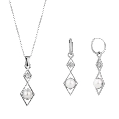 Spero London Women's Sterling Silver Rhombus 3d Pearl Necklace & Earring Set - Silver