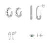 Spero London Women's Sterling Silver Safety Pin Stud Croissant Ear Cuff & Emerald Evil Eye Earring Set - Pair - S