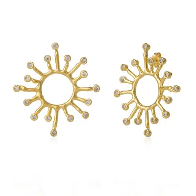 Spero London Women's Sun Sunburst Large High Quality Crown Natural Textured Molten Sterling Silver Earring - Gold