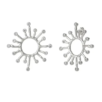 Spero London Women's Sun Sunburst Large High Quality Crown Natural Textured Molten Sterling Silver Earring - Silv