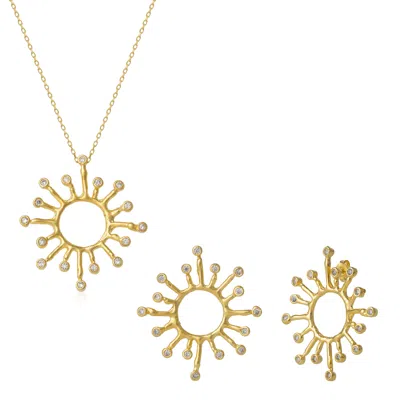 Spero London Women's Sun Sunburst Large Textured Molten Sterling Silver Earring & Necklace Set - Gold