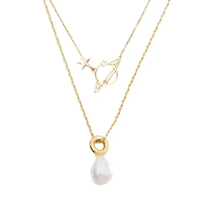 Spero London Women's Treasures Baroque Seed Pearl & Saturn Pendant Sterling Silver Stacking Necklace Set - Gold