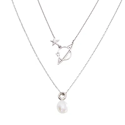 Spero London Women's Treasures Baroque Seed Pearl & Saturn Pendant Sterling Silver Stacking Necklace Set - Silver