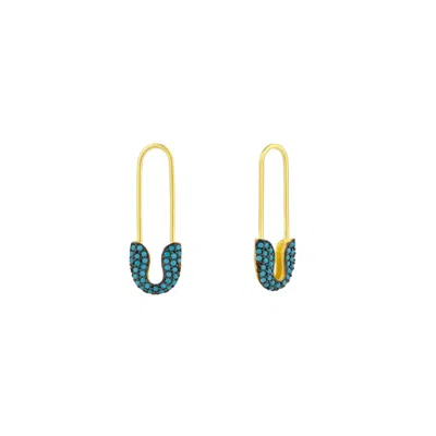 Spero London Women's Turquoise Pave Safety Pin Earring Jewelled Sterling Silver - Gold