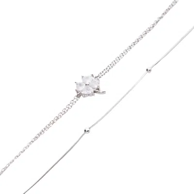 Spero London Women's White Clover Bracelet & Italian Bead Chain Bracelet Layering Set - Silver