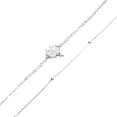 Spero London Women's White Clover Bracelet & Italian Bead Chain Bracelet Layering Set - Silver In Metallic
