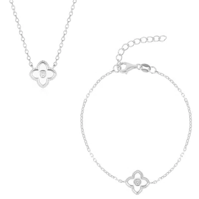 Spero London Women's White Enamel Four Leaf Clover Necklace & Bracelet Set With Gemstone In Sterling Silver - Sil