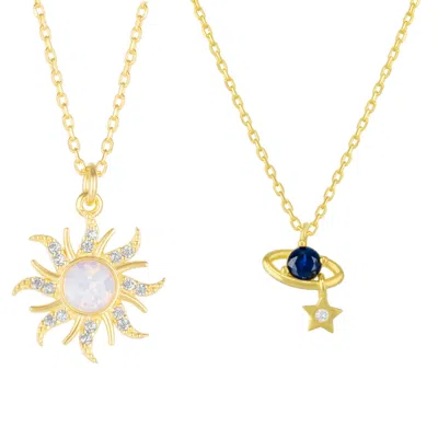 Spero London Women's White Opal Sun & Sunburst & Saturn Necklace Layering Set In Sterling Silver - Gold