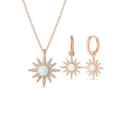 Spero London Women's White Opal Sun Sterling Silver Necklace & Earring Set - Rose Gold