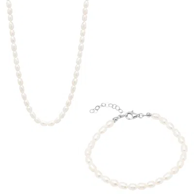 Spero London Women's White / Silver Natural Freshwater Real Seed Pearl Necklace & Bracelet Set In Multi