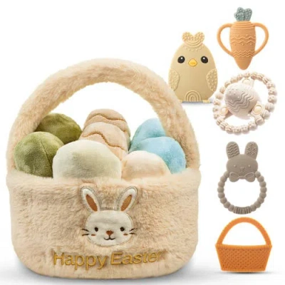 Sperric Kids'  Easter Plush  Basket And Baby Teethers 13-piece Set In Neutral
