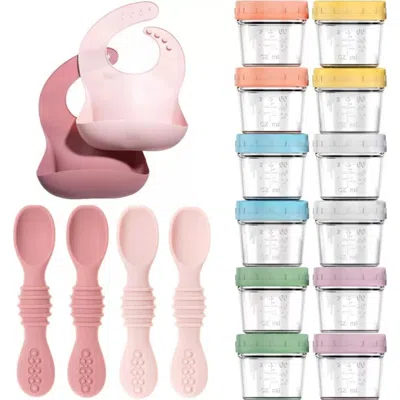 Sperric Kids'  Glass Baby Food Storage Jars, Silicone Baby Spoons And Bibs Set In Pink