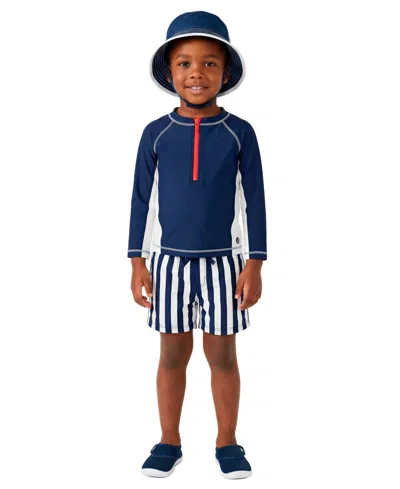 Sperry Baby Boys' Long-sleeve Rashguard, Swim Trunks And Sun Hat, 3-piece Set In Navy