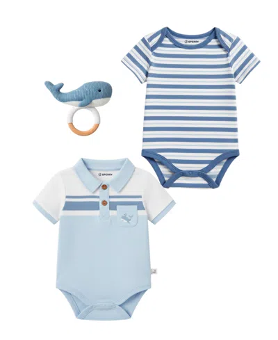 Sperry Baby Boys' Short-sleeve Bodysuits With Crochet Whale Rattle, 2-pack In Blue