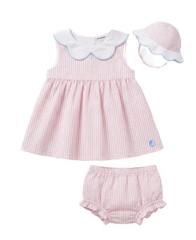 Sperry Kids' Baby Girls' Striped Dress, Bloomers And Hat, 3-piece Set In Pink