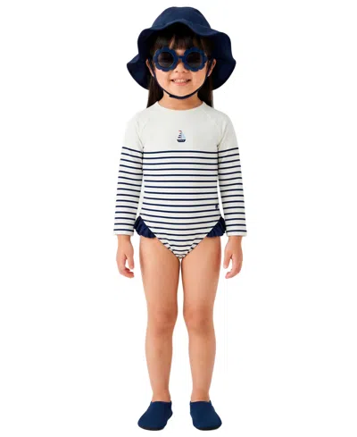 Sperry Baby Girls' Striped One-piece Swimsuit, Hat And Sunglasses, 3-piece Set In White