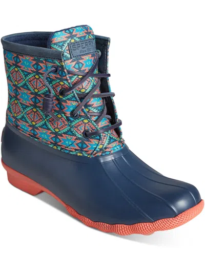 Sperry Saltwater Womens Textured Lace Up Rain Boots In Blue