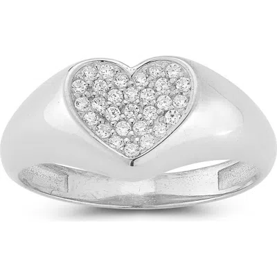 Sphera Milano 14k Gold Plate Heart Shape Cz Signet Ring In Silver