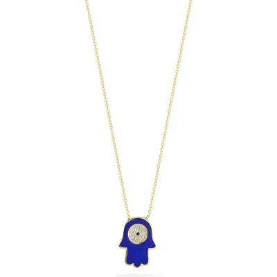 Sphera Milano 14k Gold Plated Cubic Zirconia Enamel Hamsa Pendant Necklace In Blue