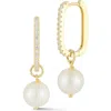 Sphera Milano 14k Gold Plated Sterling Silver Pavé Cz 9–9.5mm Cultured Pearl Drop Huggie Hoop Earrin In Gold
