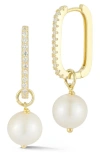 Sphera Milano 14k Gold Plated Sterling Silver Pavé Cz 9–9.5mm Cultured Pearl Drop Huggie Hoop Earrin In Gold
