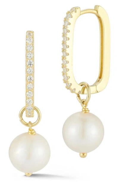 Sphera Milano 14k Gold Plated Sterling Silver Pavé Cz 9–9.5mm Cultured Pearl Drop Huggie Hoop Earrin