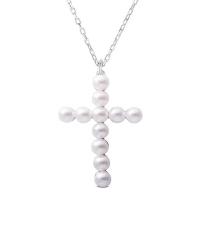 Sphera Milano 14k Over Silver 3mm Pearl Cross Necklace In Metallic