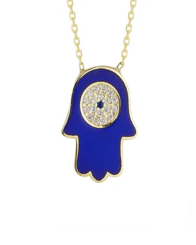Sphera Milano 14k Gold Plated Cubic Zirconia Enamel Hamsa Pendant Necklace In Blue