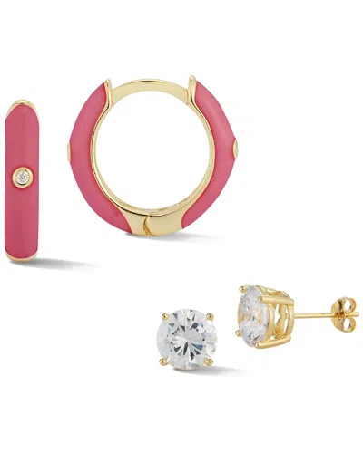 Sphera Milano 14k Over Silver Cz Set Of Huggie & Stud Earrings