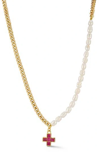 Sphera Milano 5.5mm Cultured Freshwater Pearl & Curb Chain Cz Cross Pendant Necklace In Gold