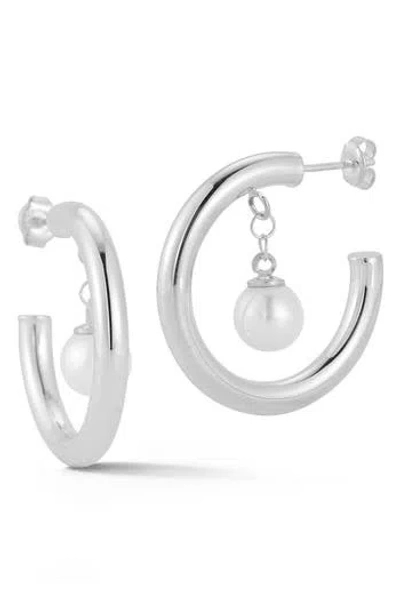 Sphera Milano 8–8.5mm Cultured Pearl Drop Hoop Earrings In Silver