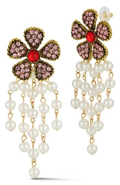 Sphera Milano Crystal Flower Faux Pearl Drop Earrings