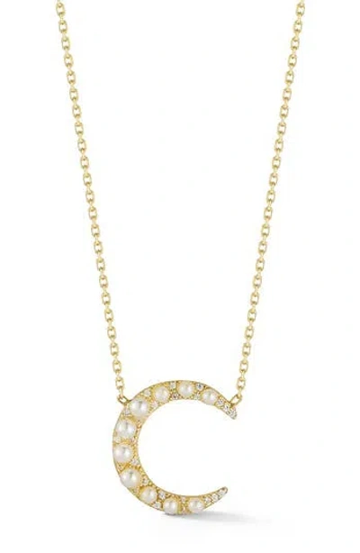 Sphera Milano Cultured Pearl & Cubic Zirconia Crescent Moon Pendant Necklace In Gold