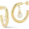 Sphera Milano 14k Over Silver 7.8mmmm Pearl Dangle Hoops In Gold