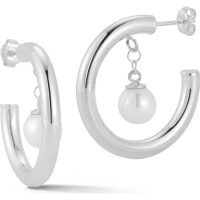 Sphera Milano Cultured Pearl Drop Hoop Earrings In Silver