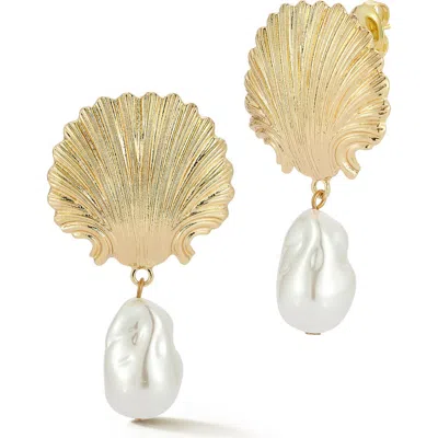 Sphera Milano Faux Pearl Seashell Drop Earrings In Gold