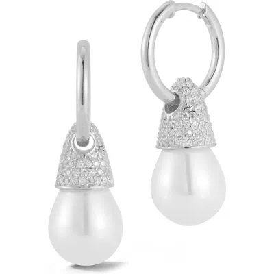 Sphera Milano Pavé Cubic Zirconia & 10–10.5mm Cultured Pearl Drop Huggie Hoop Earrings In Metallic