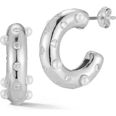 Sphera Milano Rhodium Plated Sterling Silver 2.3mm Cultured Pearl & Cz Huggie Hoop Earrings In Metallic
