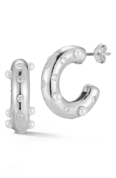 Sphera Milano Rhodium Plated Sterling Silver 2.3mm Cultured Pearl & Cz Huggie Hoop Earrings