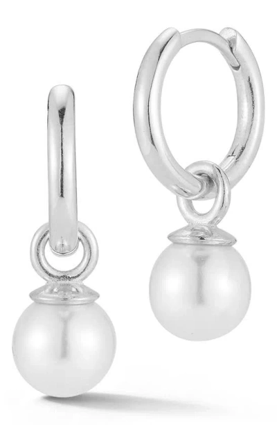 Sphera Milano Rhodium Plated Sterling Silver 7.5–8mm Cultured Pearl Drop Huggie Hoop Earrings