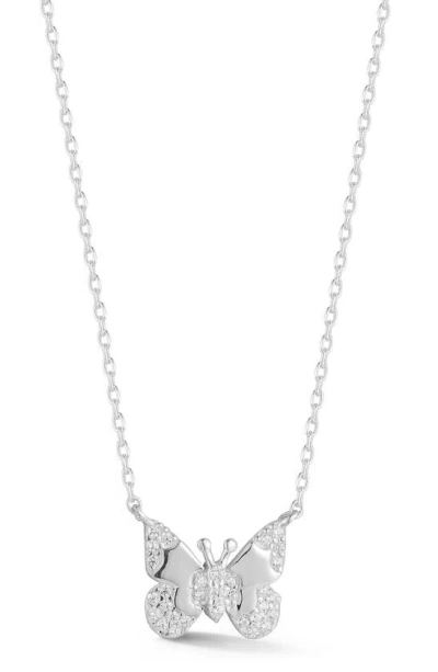Sphera Milano Rhodium Plated Sterling Silver Cz Butterfly Pendant Necklace In Metallic